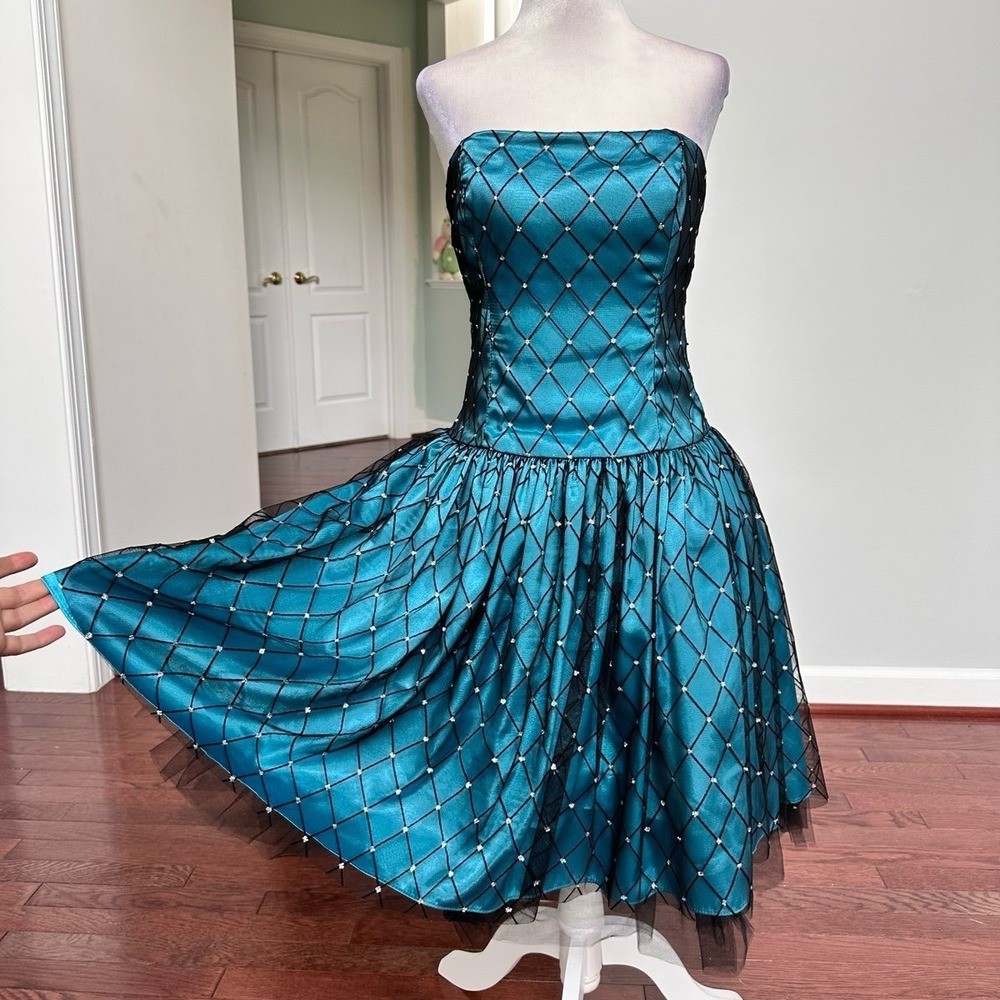 ONYX‎ Nite Wendye Chaitin Blue Black Sheer Glitter Strapless Cocktail Dress